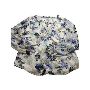 White House Black Market WHBM Women L Blouse White Floral top shirt